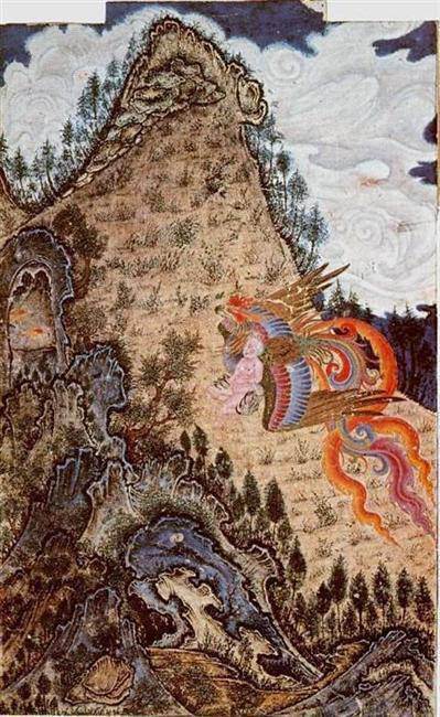 El Simurgh llevando a Zal a su nido en el Monte Damavand