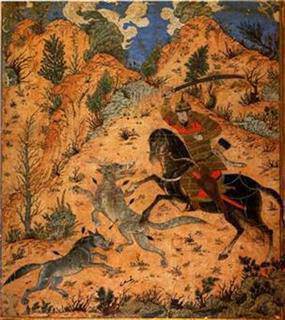 Isfandiyar luchando con los lobos