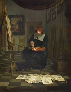 Michiel van Musscher - An Artist in His Studio with His Drawings
