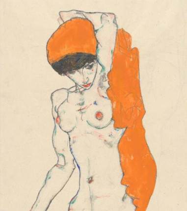 Egon Schiele - Desnudo de pie con telas de color naranja