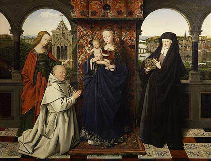 Jan van Eyck  taller - Virgen y Niño con Santa Bárbara, Santa Isabel, y Jan Vos