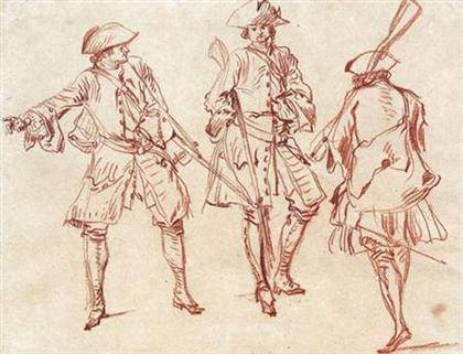 Watteau - Three Studies of Soldiers Holding Guns