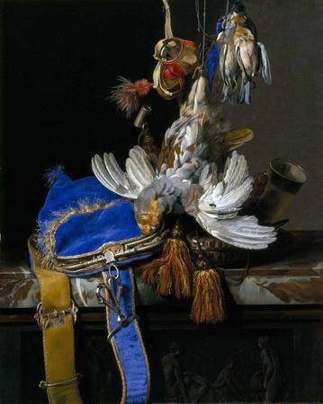 Willem van Aelst, Naturaleza muerta de caza con bolsa de terciopelo