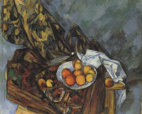 Paul Cezanne - Nature-morte-rideau-a-fleurs-et-fruits
