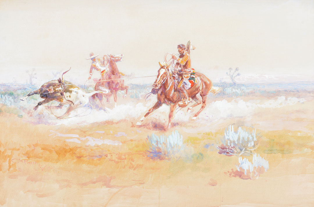 Charles Marion Russell - Mexican Vaqueros Roping a Steer - 1925